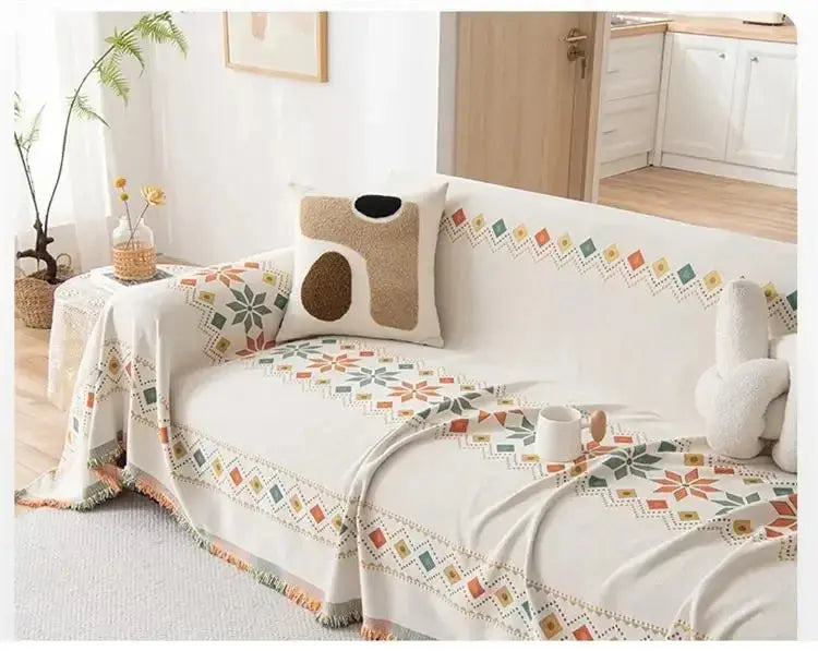 Capa de Sofá Decorativa Boho 100% Poliéster com Estampa Étnica e Franjas Amaritta