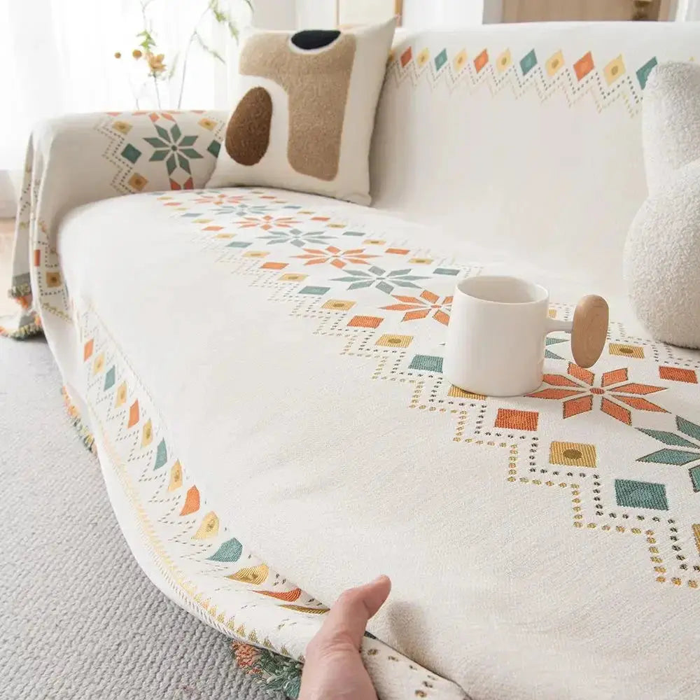Capa de Sofá Decorativa Boho 100% Poliéster com Estampa Étnica e Franjas Amaritta