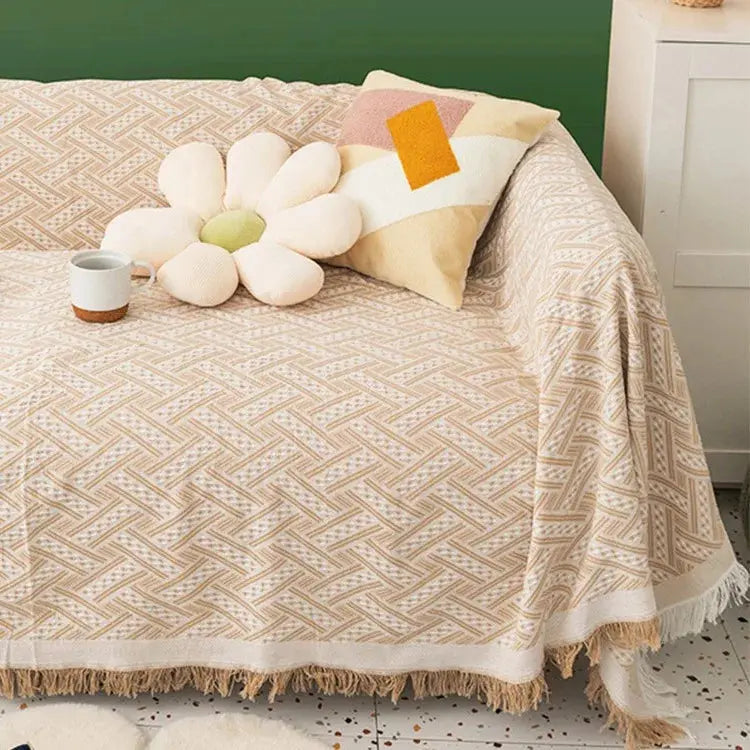 Capa de Sofá Estampada Boho com Franjas bege, sala de estar, almofadas