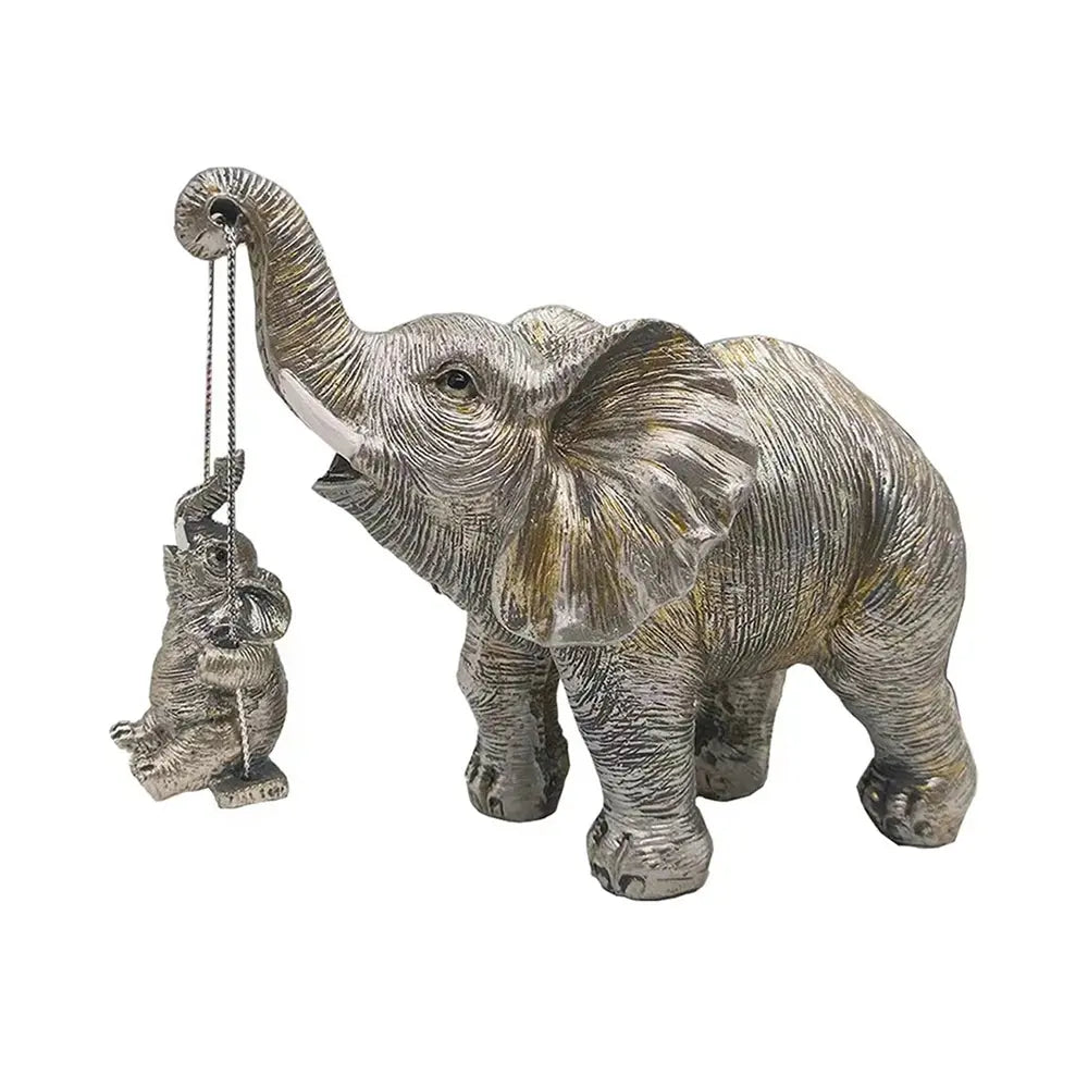 Estatueta Decorativa de Elefante Dourado Mãe e Filhote no Balanço Amaritta
