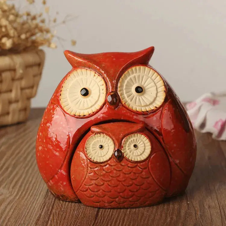 Estatueta Decorativa em Cerâmica Coruja Pais e Filhos Amaritta