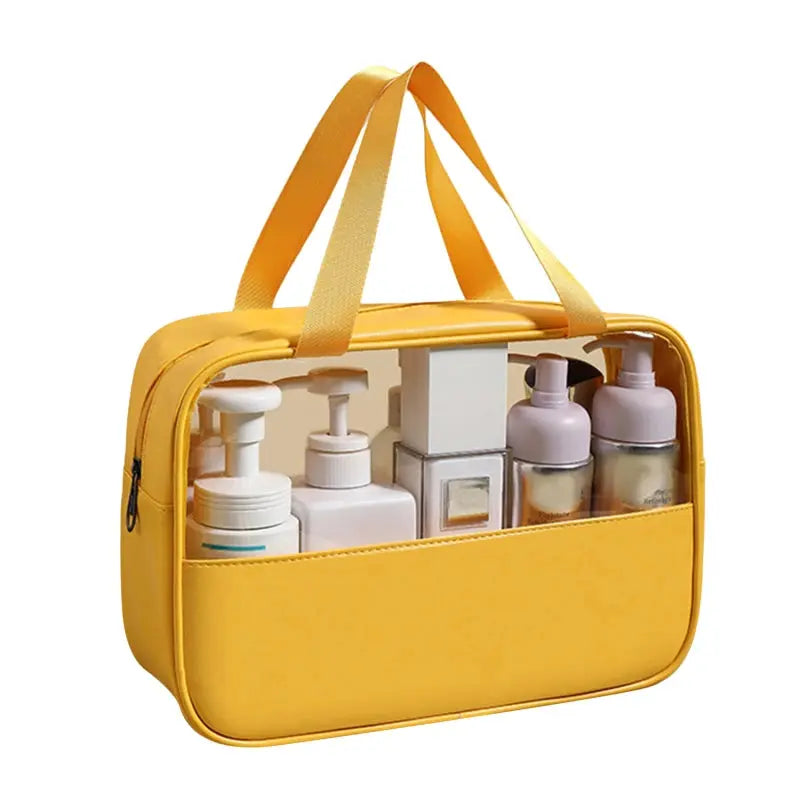 Necessaire Organizadora de Cosméticos Amarela com Produtos no seu Interior