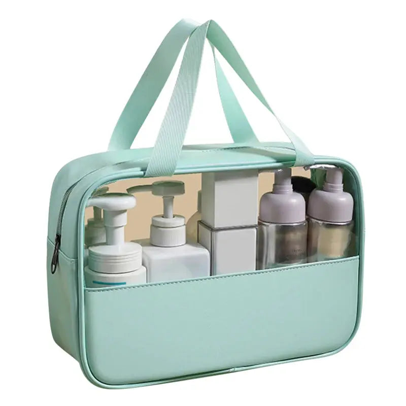 Necessaire Organizadora de Cosméticos Azul Claro com Produtos no seu Interior