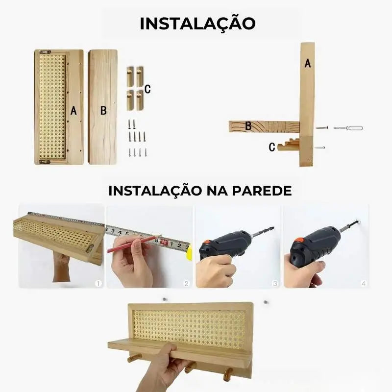 Porta-Chaves e Prateleira de Parede de Madeira com 4 Ganchos Casamarella