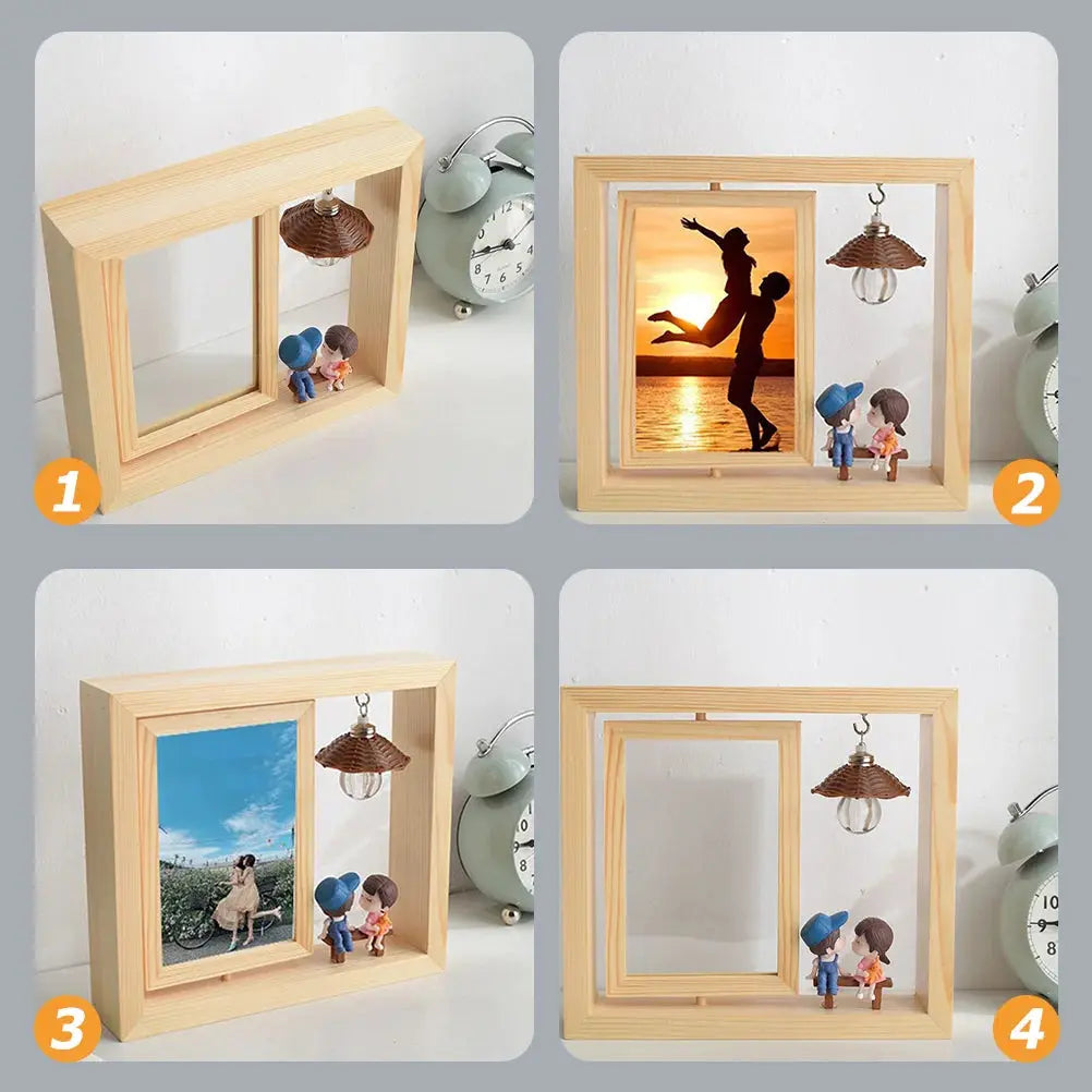 Porta Retrato Criativo Giratório de Madeira com Miniatura de Casal e Luminária Decorativa Casamarella
