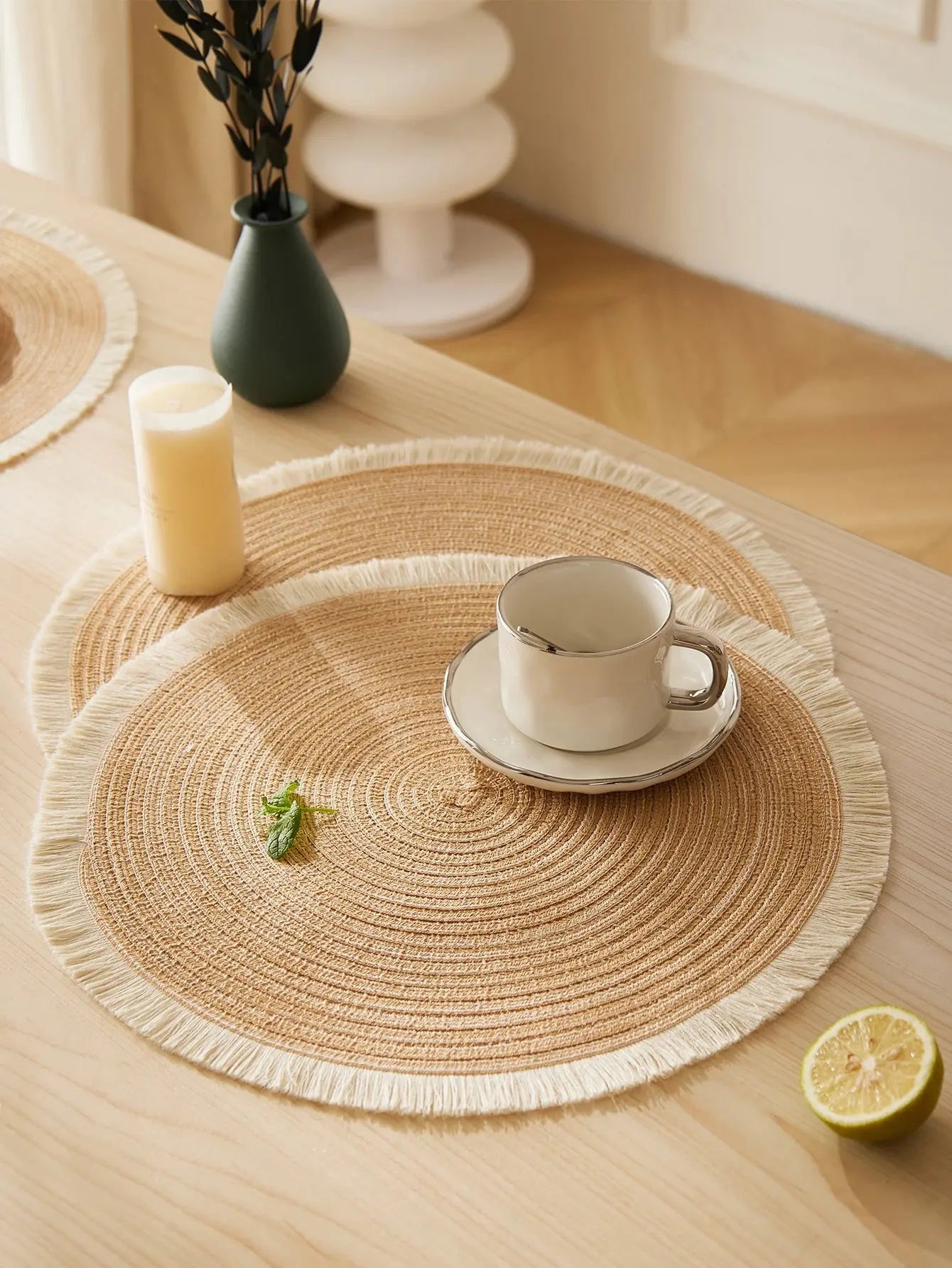 4 pcs Jogo Americano Redondo com Franjas 