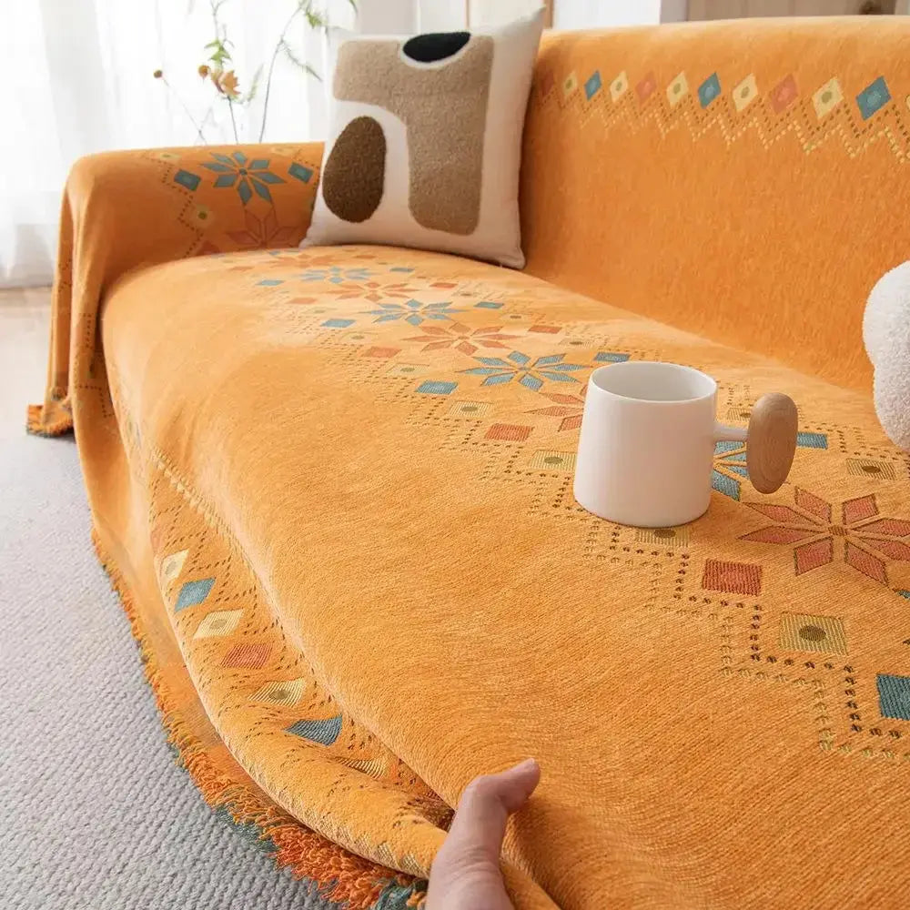 Capa de Sofá Decorativa Boho 100% Poliéster com Estampa Étnica e Franjas Amaritta