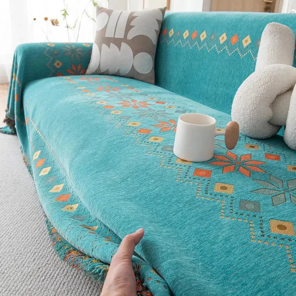 Capa de Sofá Decorativa Boho 100% Poliéster com Estampa Étnica e Franjas Amaritta