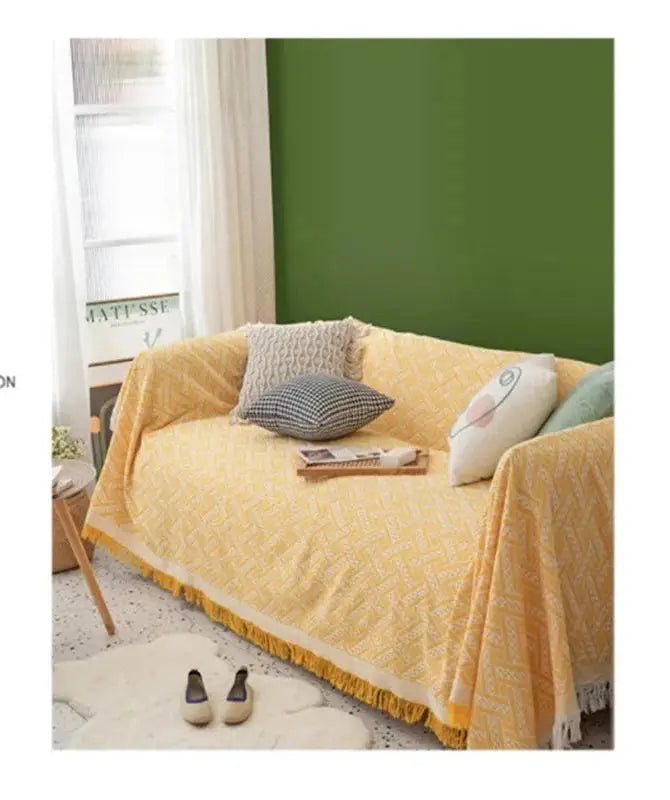 Capa de Sofá Boho Estampada com Franjas amarela-Sala de estar