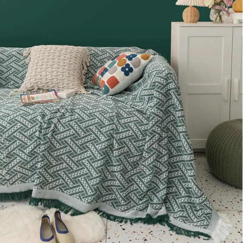Capa de Sofá Boho Estampada com Franjas verde- sala de estar