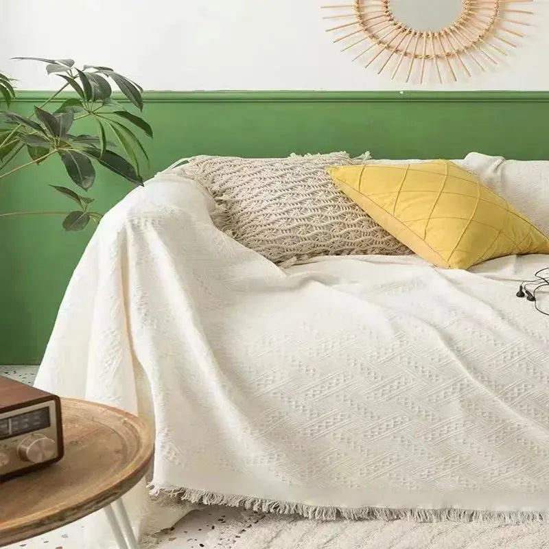 Capa de Sofá Boho Estampada com Franjas, branca, Sala de estar