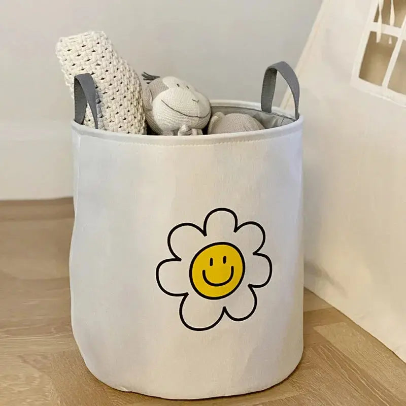 Cesto de Lavanderia de Pano com Alças e Estampa Carinha Feliz Casamarella