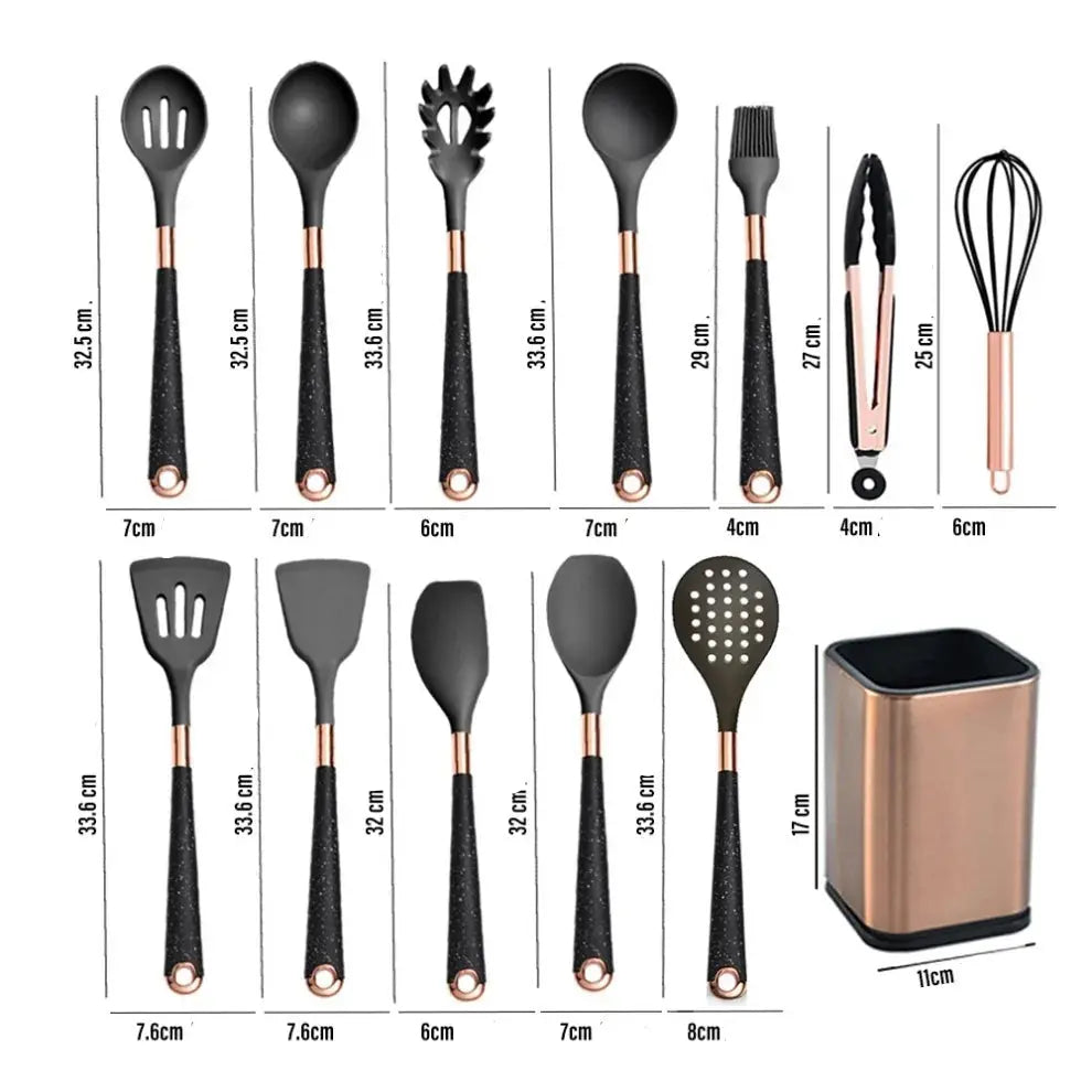 Conjunto Premium de Utensílios de Cozinha com Cabo Imitando Madeira e Acabamento Rosé