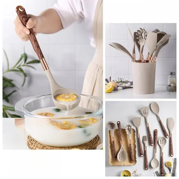 Conjunto Premium de Utensílios de Cozinha com Cabo Imitando Madeira e Acabamento Rosé