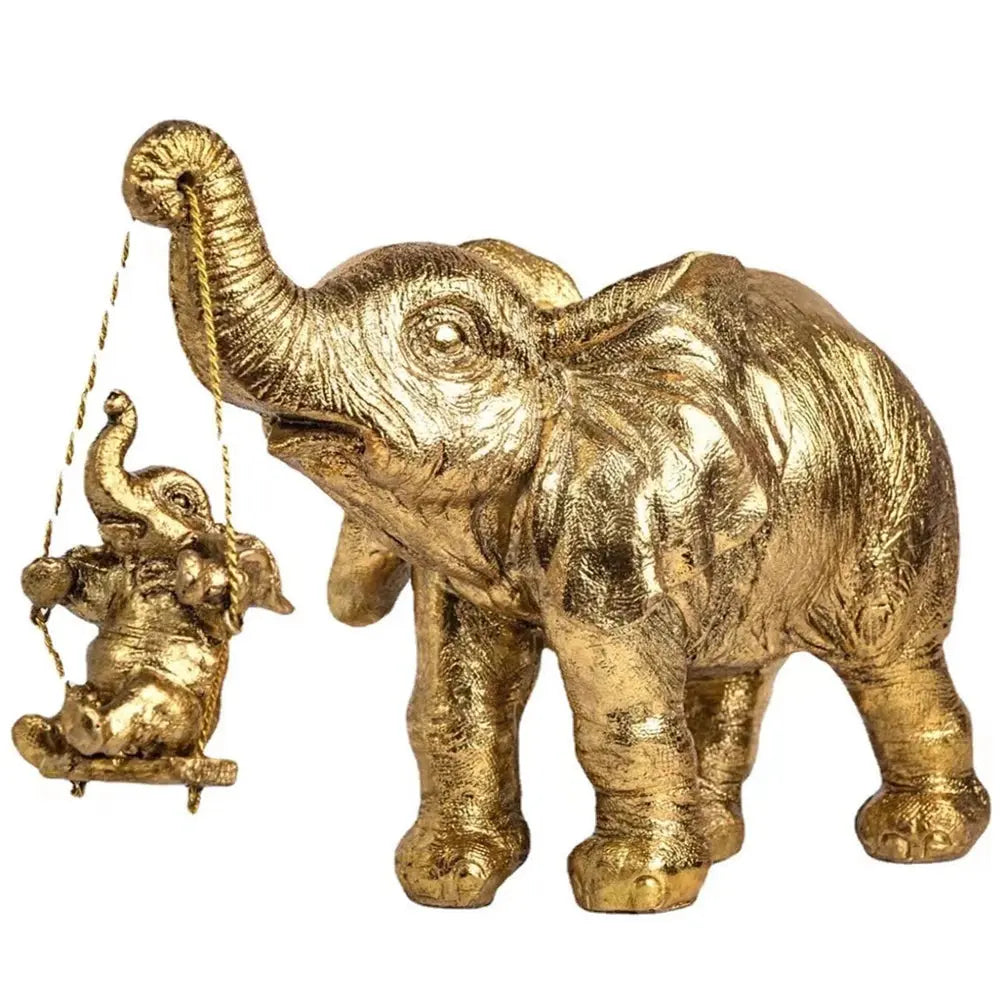 Estatueta Decorativa de Elefante Dourado Mãe e Filhote no Balanço Amaritta