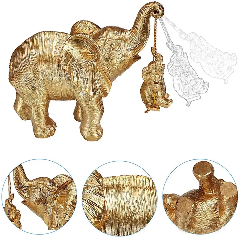 Estatueta Decorativa de Elefante Dourado Mãe e Filhote no Balanço Amaritta