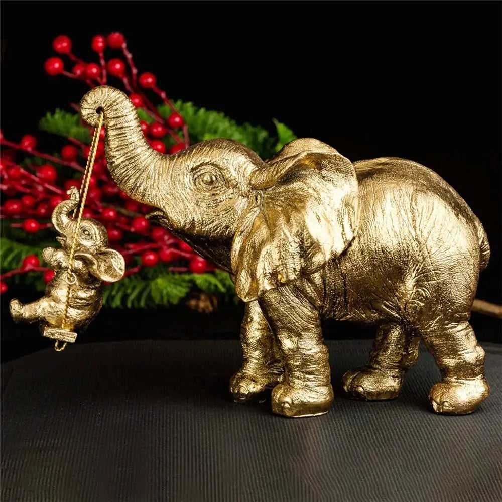 Estatueta Decorativa de Elefante Dourado Mãe e Filhote no Balanço Amaritta