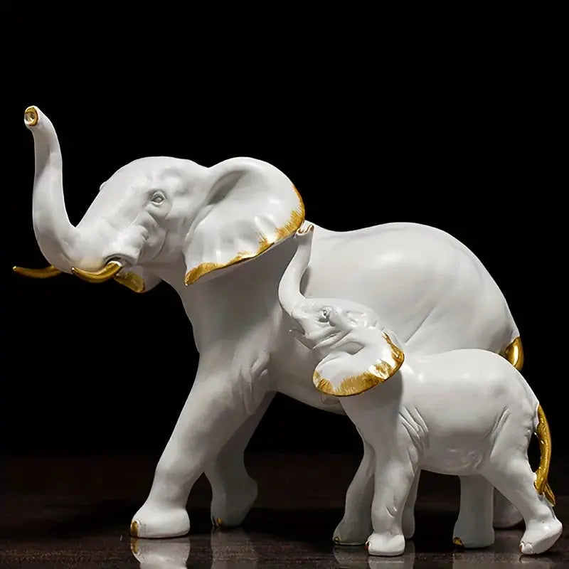 Estatueta Elefante Branco/Preto e Filhote Amaritta