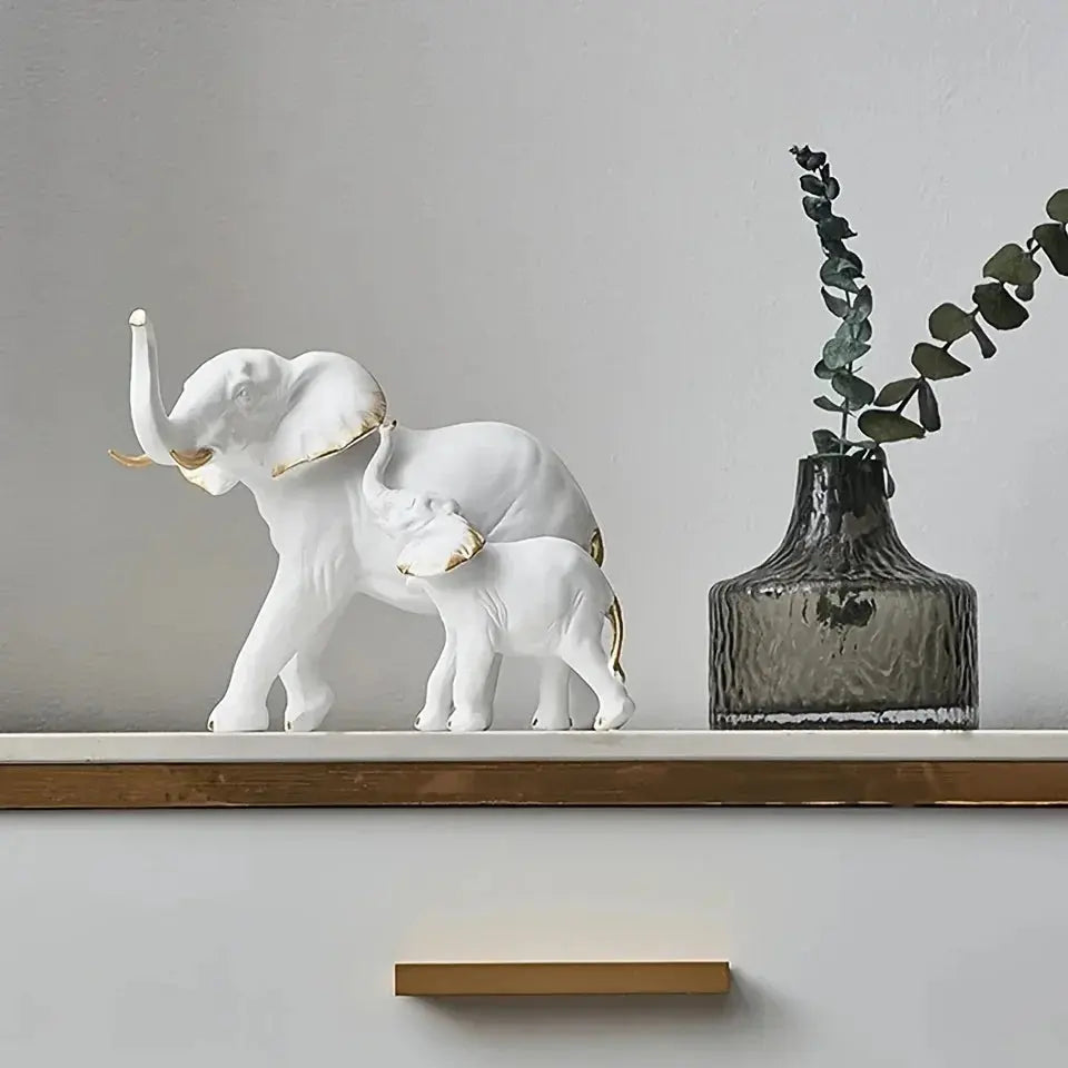 Estatueta Elefante Branco/Preto e Filhote AMaritta