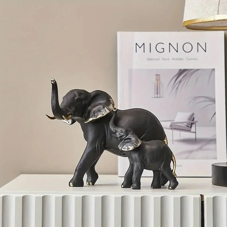 Estatueta Elefante Branco/Preto e Filhote AMaritta