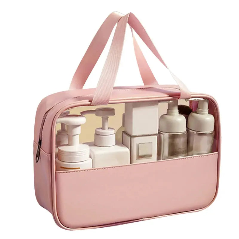 Necessaire Organizadora de Cosméticos Rosa com Produtos no seu Interior