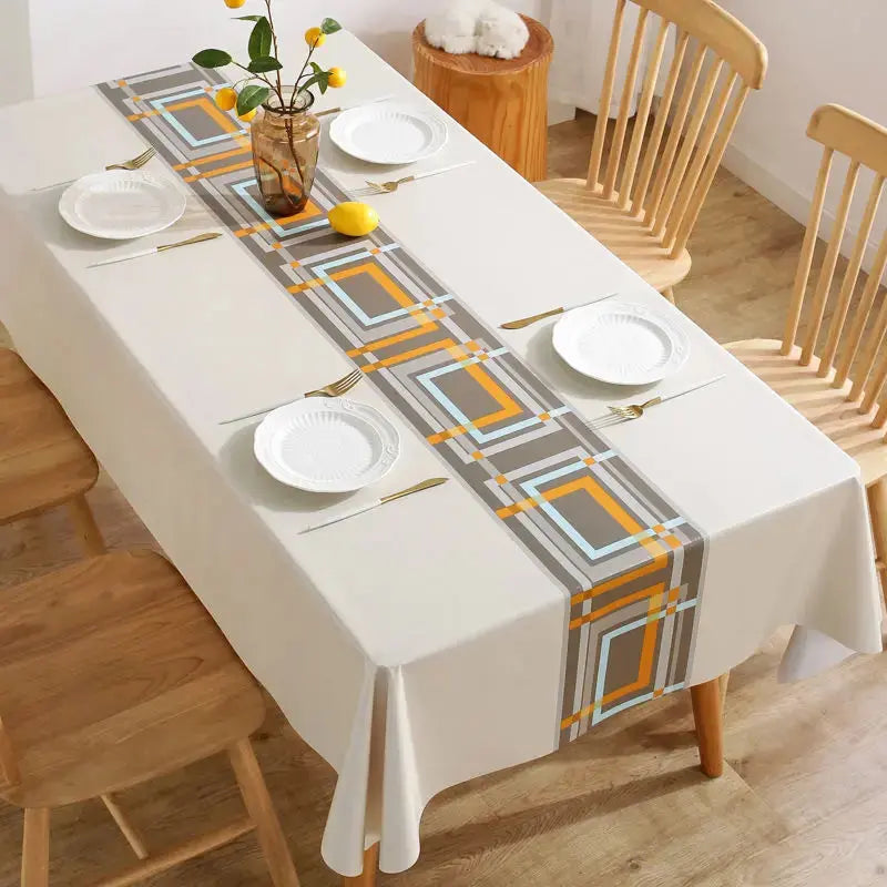 Toalha de Mesa Retangular com Faixa Decorativa Geométrica, Estilo Moderno, 100% Poliéster 