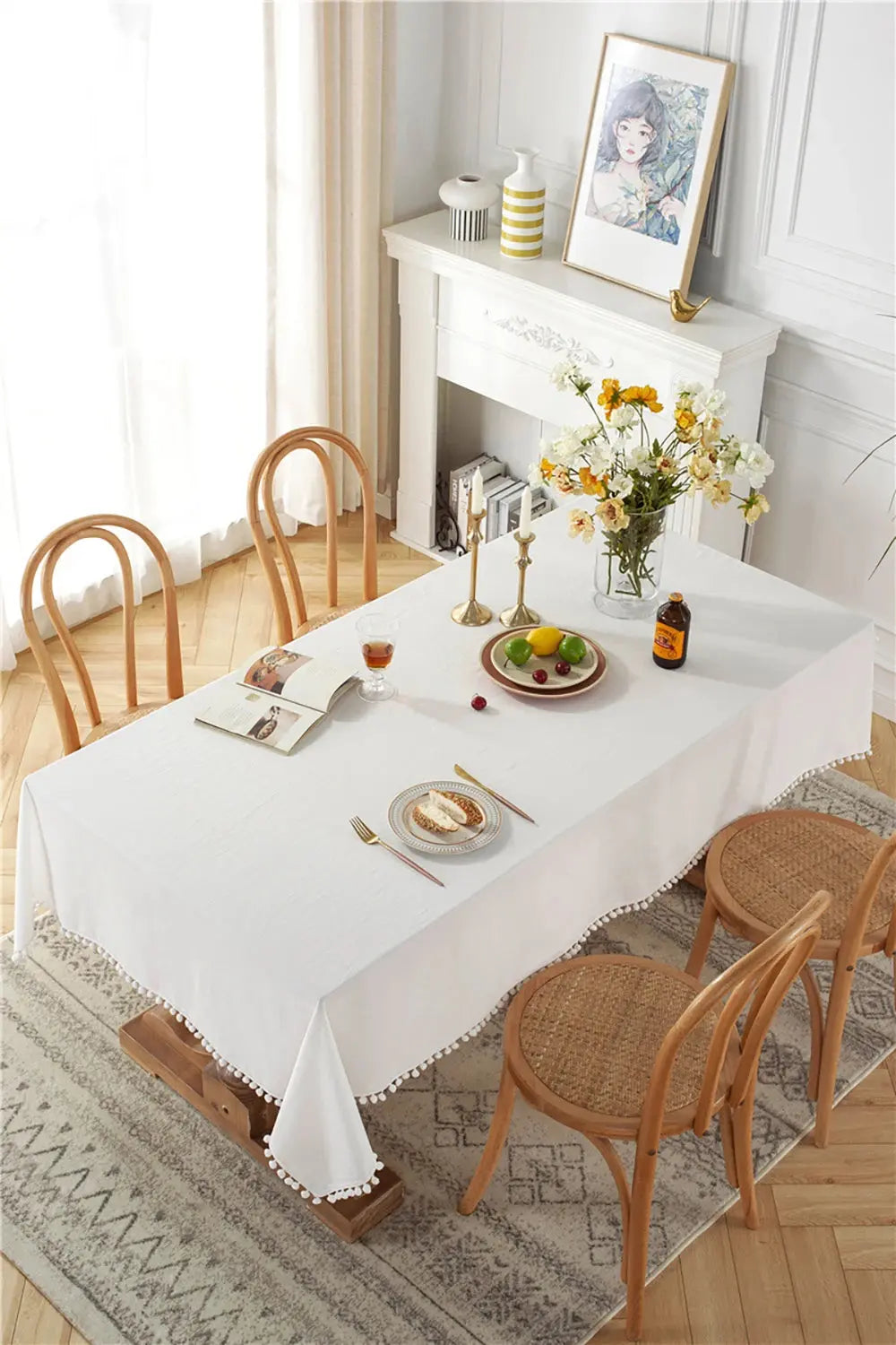 Toalha de Mesa Retangular de Algodão Branco com Borlas Decorativas Amaritta